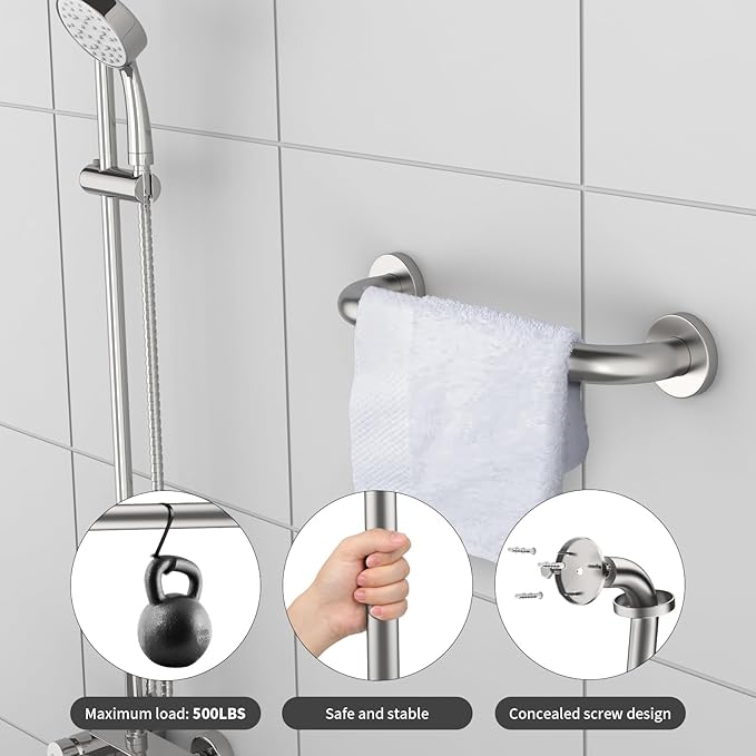 Stainless Steel Shower Grab Bar,ZUEXT Shower Handle, Bathroom Balance Bar - Safety Hand Rail Support - Handicap, Elderly, Injury, Senior Assist Bath Handle (12 Inch Satin Brushed Nickel)