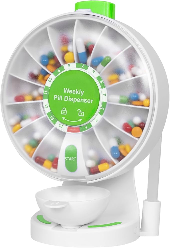 14-Day Standing & Wall-Mounted Pill Dispenser, Easy to Use for Seniors & Arthritis, Push Button Medication Organizer with Large Compartments for Fish Oil/Medicine/Vitamin/Supplements, Green