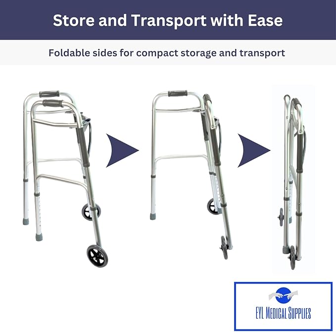 Foldable Lightweight Walker with 2 Wheels, Includes Ski Glides - Folding Design Ideal for Seniors and Elderly Adults - Adjustable for Tall Men and Women - Standing Handicap Mobility Aids