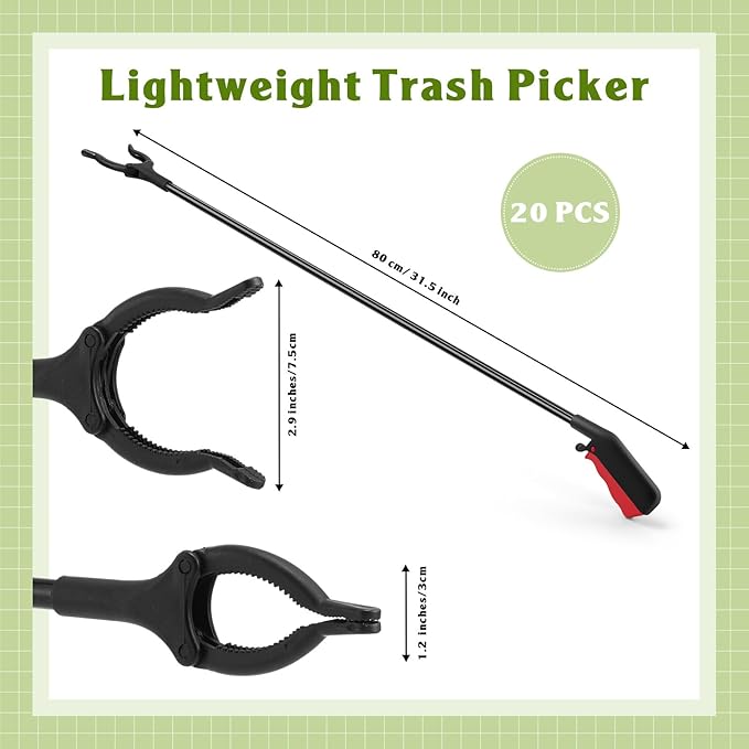 Norme 20 Pcs Grabber Reacher Tool Bulk, 31.5" Long Handle Trash Picker for Elderly Assist, Lightweight Handy Aid Nonslip Claw Grabber for Arm Extension 360 Rotating Pickup Stick Outdoor Cleanup Tool