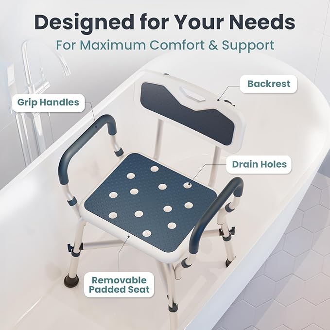 Shower Chair (450lb) with Padded Armrests and Back, Showers Chair for Elderly and Disabled, Adjustable Height Shower Seat, Heavy Duty Shower Chairs for Inside Shower, Handicap - Grey