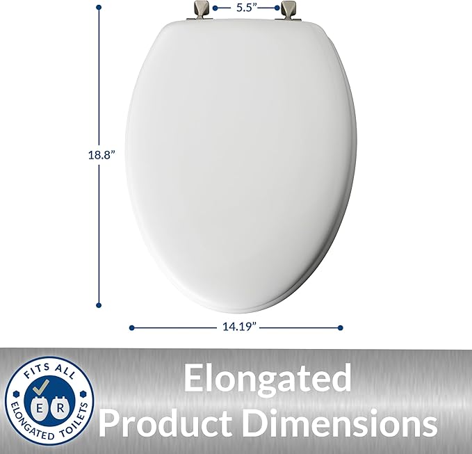 MAYFAIR 1844BNA 000 Toilet Seat with Brushed Nickel Hinges will Never Come Loose, ELONGATE, White - Brushed Nickel