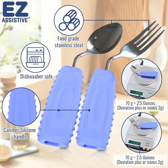 Adaptive Utensils Set – Ergonomic Angled Fork & Spoon for Parkinson's, Tremors, and Stroke Recovery – Weighted Utensils for Hand Tremors, Non-Slip Silicone Grip, Dishwasher Safe