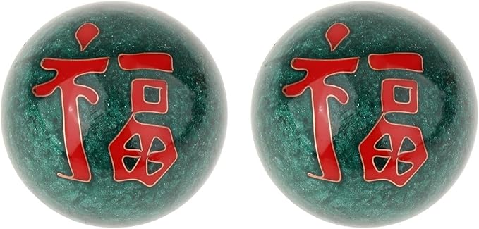 2 Pieces Hand Massage Balls, Chinese Exercise Handballs with Storage Box, Compact Relaxation, Chinese Baoding Balls, for Kids Seniors, Fu Word Green