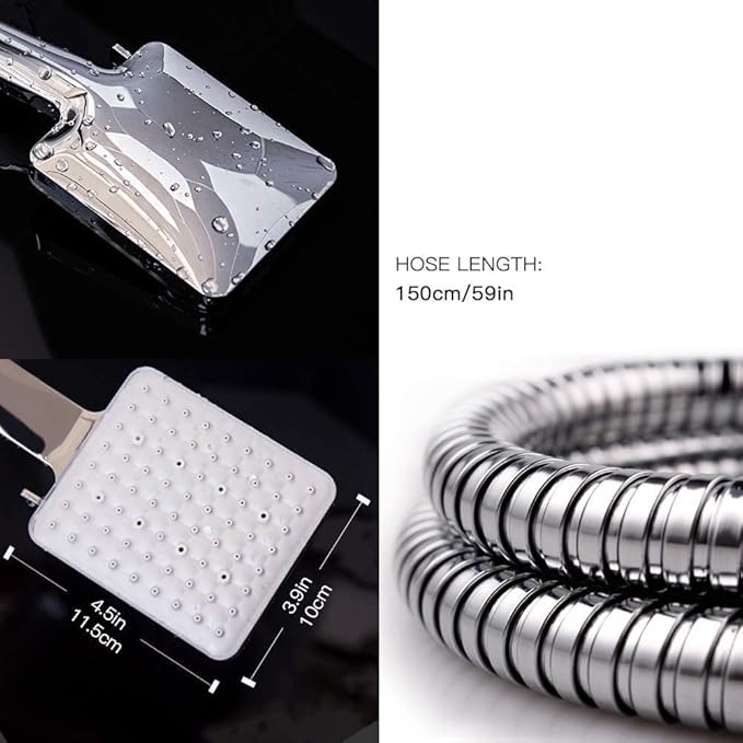 Newentor® Handheld High Pressure 6 Spray Modes/Settings Detachable Chrome Finish Square Shower Head with Stainless Steel Hose and Multi-Angle Adjustable Shower Stand