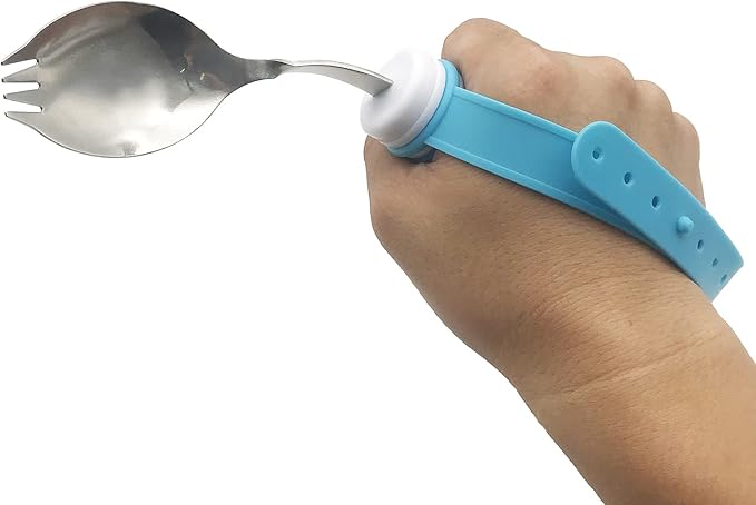 Flexible Stainless Steel Sporks Fork and Spoon All-in-One with Adjustable Silicone Strap 360 Degree Rotatable Dining Utensils Eating Aids for Disabled Patient Elder Arthritis People Handicapped