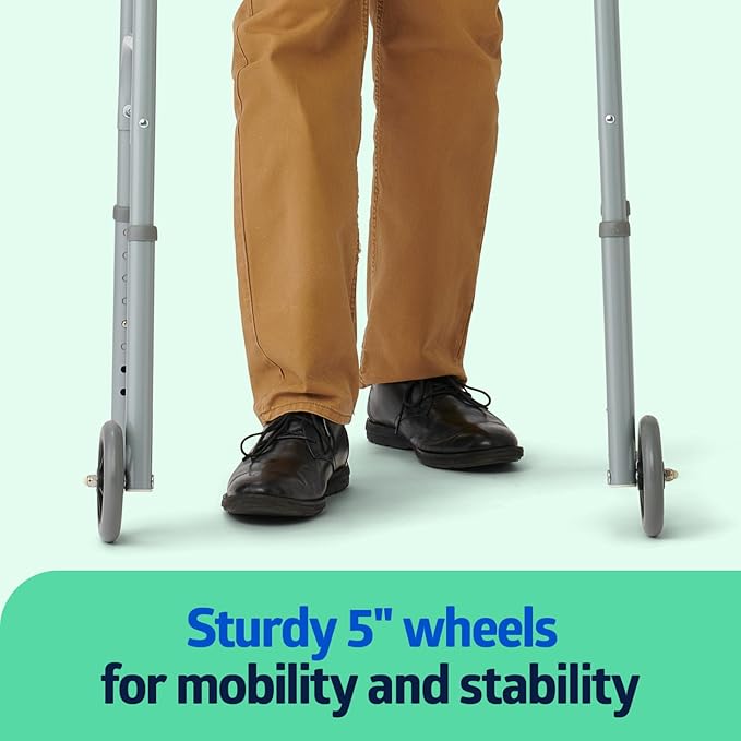 Medline Lightweight Folding Walkers for Seniors, Adults with 5” Wheels, Steel Frame Supports up to 400 lbs.