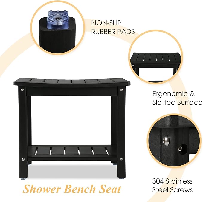 Apolimi HDPE Shower Bench, Shower Stool with Storage Shelf 2-Tier Spa Stool for Inside Shower,Water Resistant & Non-Slip Design Shower Seat (Black L Size)