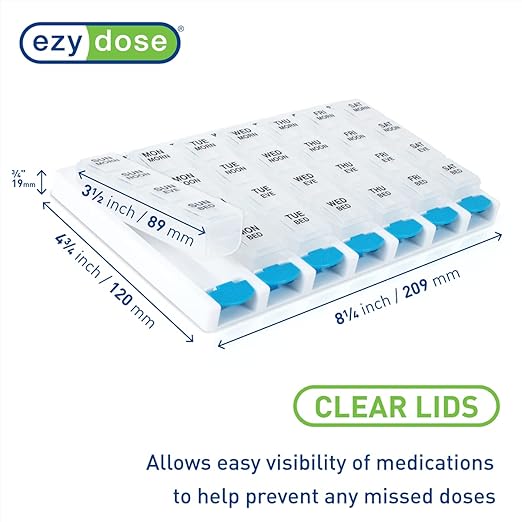 EZY DOSE Weekly (7 Day) 4 Times a Day Push Button Pill Organizer and Vitamin Planner, Removable Daily Pillboxes, Blue, Clear Lids, Large, BPA Free