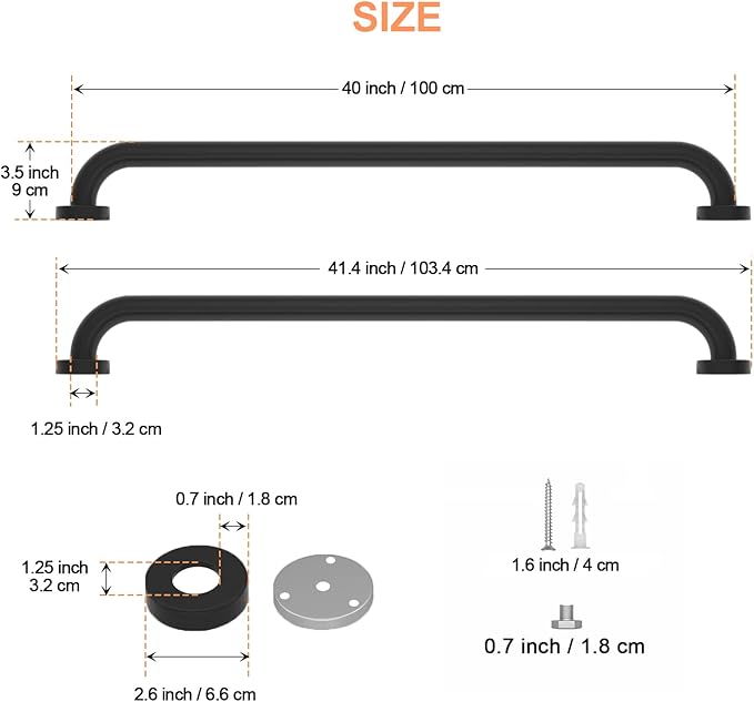 2 Pack Matte Black Shower Grab Bar 40 Inch, iMomwee Stainless Steel Bathroom Grab Bar, Bath Shower Balance Bar, Safety Hand Rail Support, Handicap Elderly Senior Assist Bath Handle (1.25" Diameter)