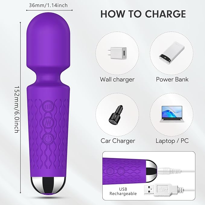 Handheld Back Massager - Powerful Vibration Wand, Waterproof - Relieves Whole Body Muscle Tension and Promotes Relaxation. Features 20 Modes and 8 Speeds (Purple)