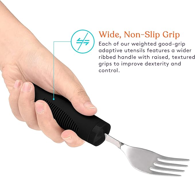 Special Supplies Adaptive Utensils (4-Piece Kitchen Set) Weighted, Non-Slip Handles for Hand Tremors, Arthritis, Parkinson’s Elderly use - Stainless Steel Knife, Fork, Spoons (Black Weighted Bendable)