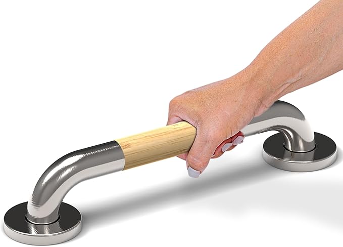 Safety Grab Bar for Bathroom & Toilet, Natural Bamboo Handle, ADA Compliant Balance Assist Handrail for Handicap and Seniors, 12in Brushed Nickel