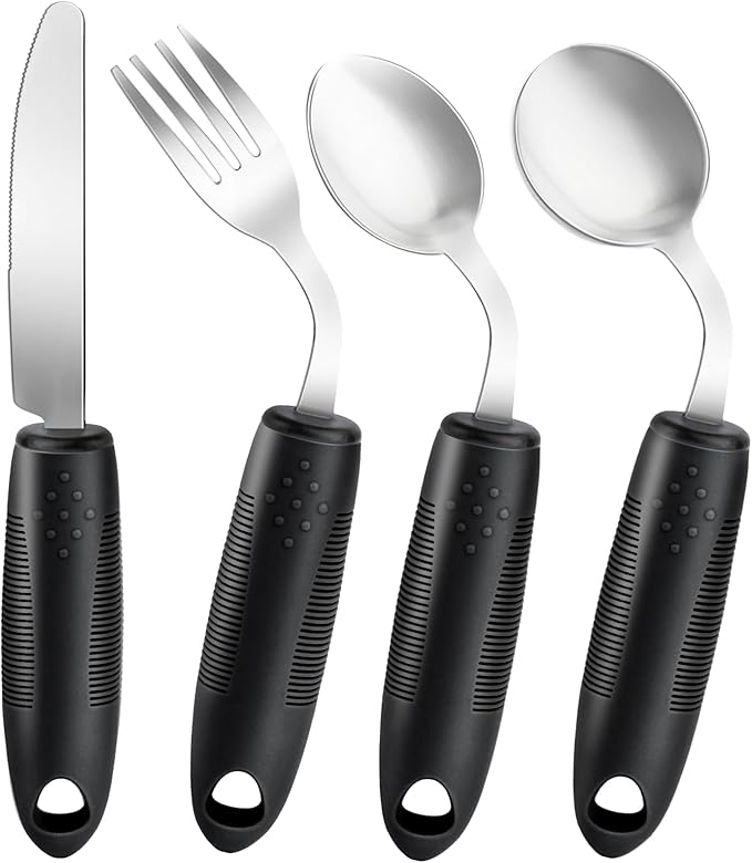 AuntyFey 4Pcs Weighted Adaptive Utensils, 45°Angled Parkinsons Utensils for Elderly, Weighted Utensils for Hand Tremors, 3.5oz Weighted Built Up Utensils for Parkinson, Disabled, Black, Right-Handed