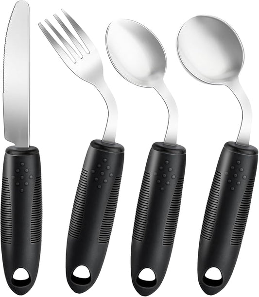 AuntyFey 4Pcs Weighted Adaptive Utensils, 45°Angled Parkinsons Utensils for Elderly, Weighted Utensils for Hand Tremors, 3.5oz Weighted Built Up Utensils for Parkinson, Disabled, Black, Right-Handed