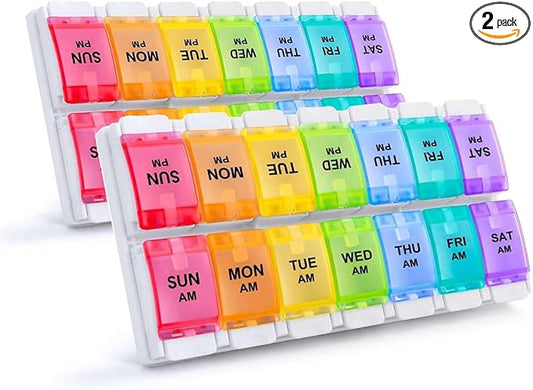Sukuos AM PM Weekly Pill Organizer 2 Times A Day 2pcs, 7 Day Pill Box with Easy Push Button, BPA Free Medicine Case Vitamin Holder for Fish Oil/Supplements (Rainbow)