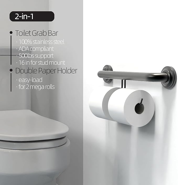 ADA Compliant Grab Bar with Toilet Paper Holder (2 Mega Rolls), 500lbs Weight Support, 1-1/4 x 16 inch for Stud Mount, Matte Black
