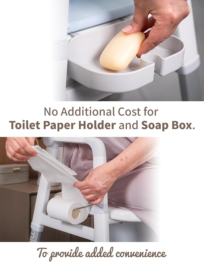 3-in-1 Bedside Commode Shower Chair with Liftable Arm Anti-Splash Bucket Extra-Wide Padded Adjustable Raised Toilet Seat for Seniors up to 300 lbs. Potty Chair for Toilet (Beige)