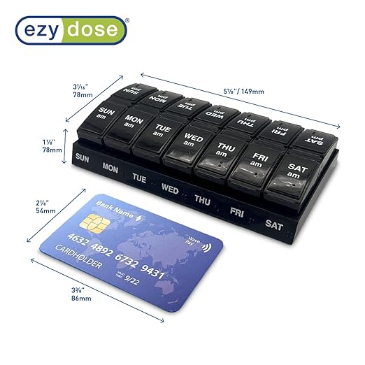 EZY DOSE Weekly, AM/PM Daily Pill Organizer, 7-Day Medicine Planner, Vitamin Container, Small Pop-Out Compartments, 2 Times a Day Pill Holder, Black, Travel-Friendly, BPA Free