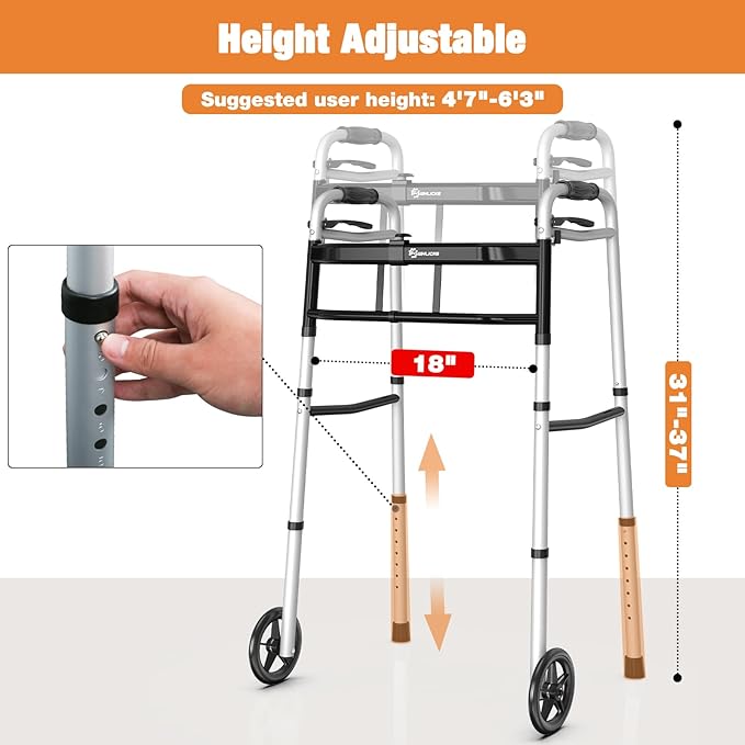 WHLICKS Folding Walkers for Seniors, Lightweight Aluminum Walker with 5'' Front Wheels and 2 Skis, Height Adjustable Standard Walker for Elderly and Disabled, Stable Frame up to 350 lbs