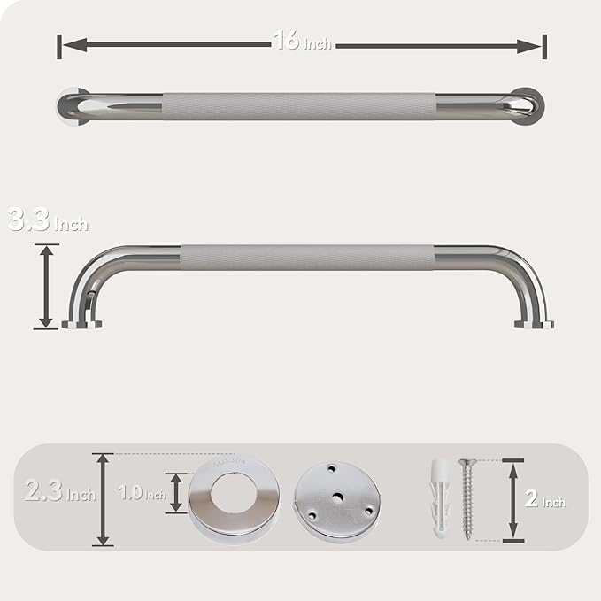 Shower Grab Bar, 16 Inch Bathroom Grab Bar Handle with Anti-Slip Knurled Grip, Stainless Steel Bath Balance Bar, Bath Safety Bar Support for Seniors Pregnant, Polished Chrome-1PCS
