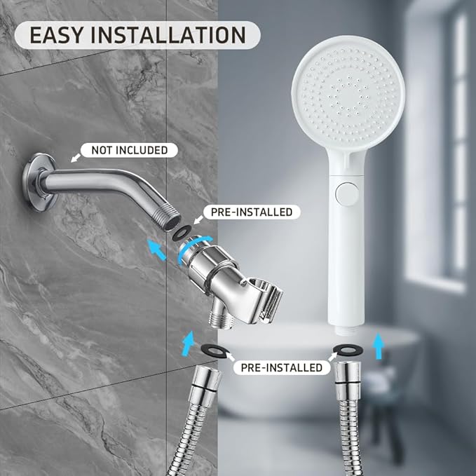 DOILIESE Shower Head with Handheld Spray High Pressure Shower Head with ON/Off Switch, 3-Modes Shower Head with Hose,White