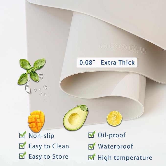 Food-Grade Silicone mat，2MM Extra Thick Silicone Mats for Kitchen Counter, 25.6" x17.7" Non-Slip Waterproof Large Countertop Protector Mat, Heat Resistant Mat, Silicone Placemat (White Gray)