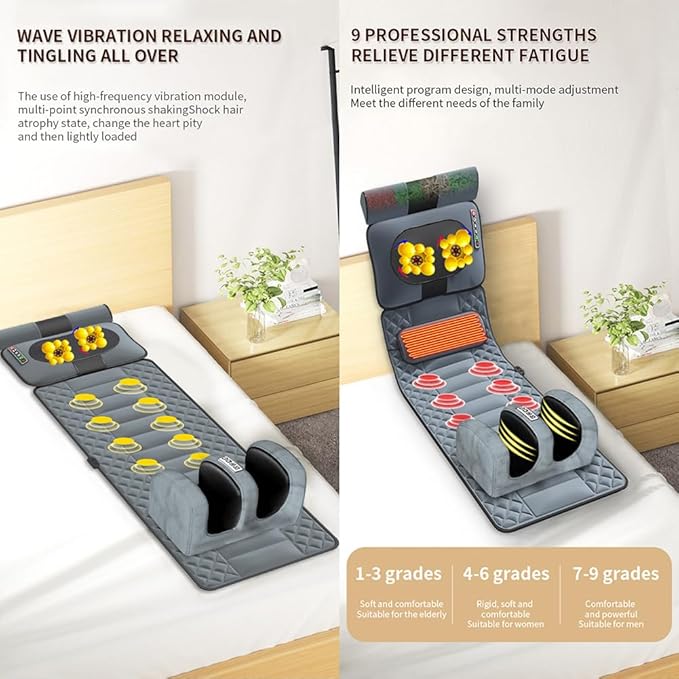 Full Body Massage Mat with Heat, Foot Massager Whole Body Vibration Massage Pad 9 Gear Massage /3 Timing Modes Shiatsu Massage Pad for Back Neck Lumbar Leg Foot