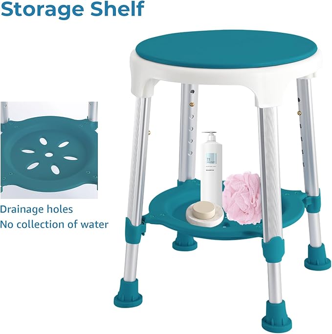 Shower Stool Chair for Inside Shower, Upgrade Small Corner Plastic Stool for Seniors Adult, 360° Swivel Shower Stool Seat for Bathroom, 6-Level Adjustable Height Bath Chair Stools with Shelf