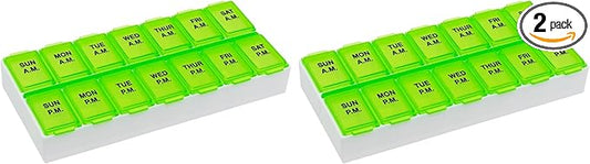 Ezy Dose Weekly (7-Day) AM/PM Pill Organizer, Vitamin Case, and Medicine Box, Medium Compartments, 2 Times a Day, Green, 67375GAMT (Pack of 2)
