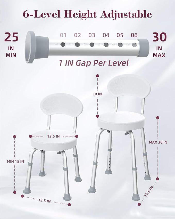 Swivel Shower Chair, 360° Non-Slip Shower Seat with Backrest for Elderly and Disabled, Height Adjustable Rotating Tub Bench for Seniors Bathroom Inside Shower with Compact Frame (White)
