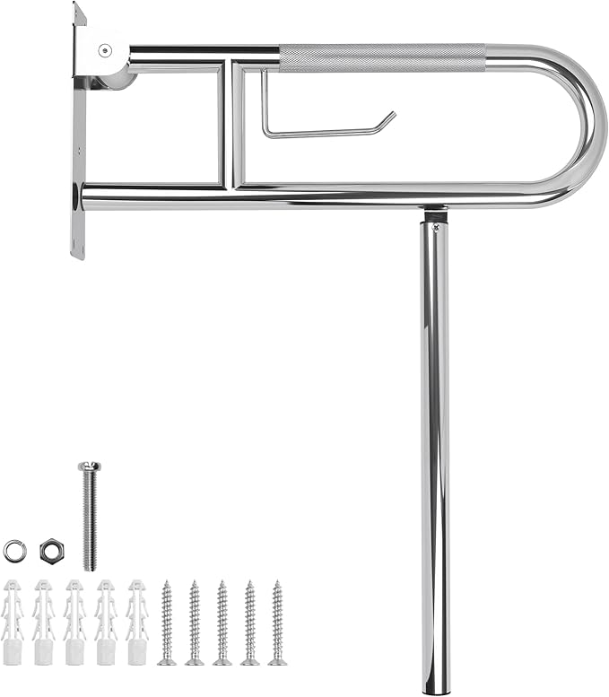 Handicap Grab Bar,23.6 Inch Stainless Steel 1.25" Diameter Toilet Safety Rails for Bathroom with Paper Holder, Anti-Slip Flip-Up Support Rail for Seniors Elderly