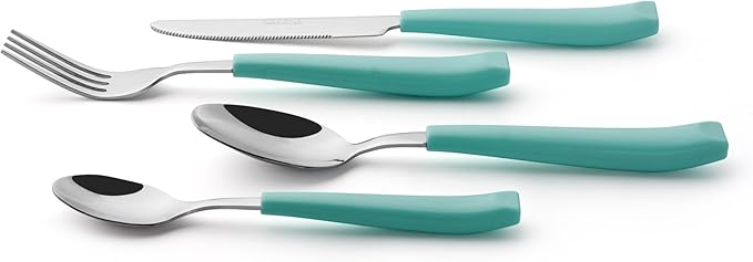 EXZACT 16-Piece Flatware Set for 4 – Colored Stainless Steel Cutlery with Wide Plastic Handles – Comfortable Tableware: Forks, Knives, Spoons, Teaspoons