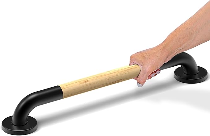 Safety Grab Bar for Bathroom & Toilet, Natural Bamboo Handle, ADA Compliant Balance Assist Handrail for Handicap and Seniors, 18in Matte Black