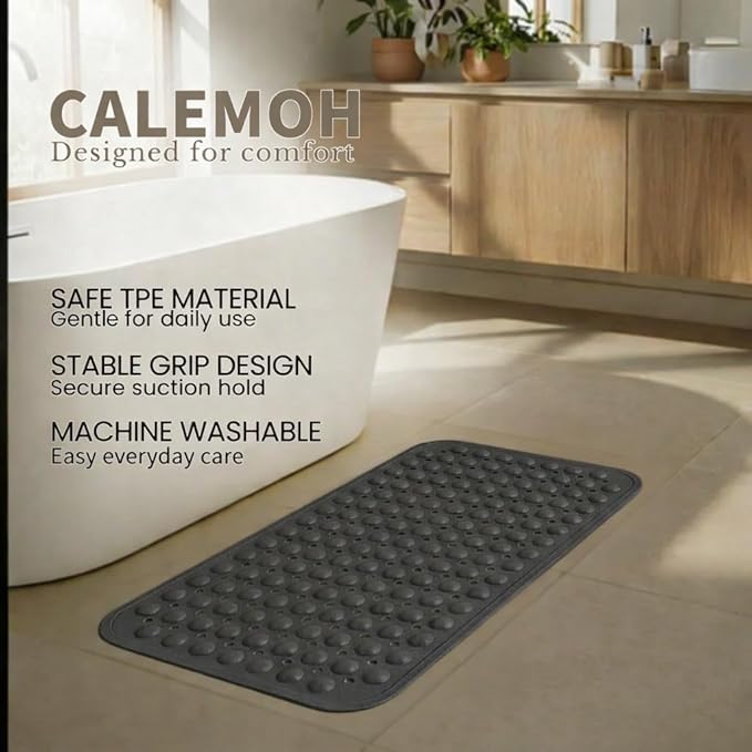 Minimalist TPE Bathtub Mat Non Slip for Tub & Shower, Bath Mat with Strong Suction Cups, Soft Comfortable Shower Mat, Quick Drain Holes, Machine Washable, Large Grey Mats, 27.5’’ x 16’’