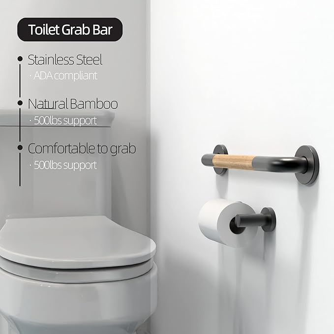 Safety Grab Bar for Bathroom & Toilet, Natural Bamboo Handle, ADA Compliant Balance Assist Handrail for Handicap and Seniors, 16in Matte Black