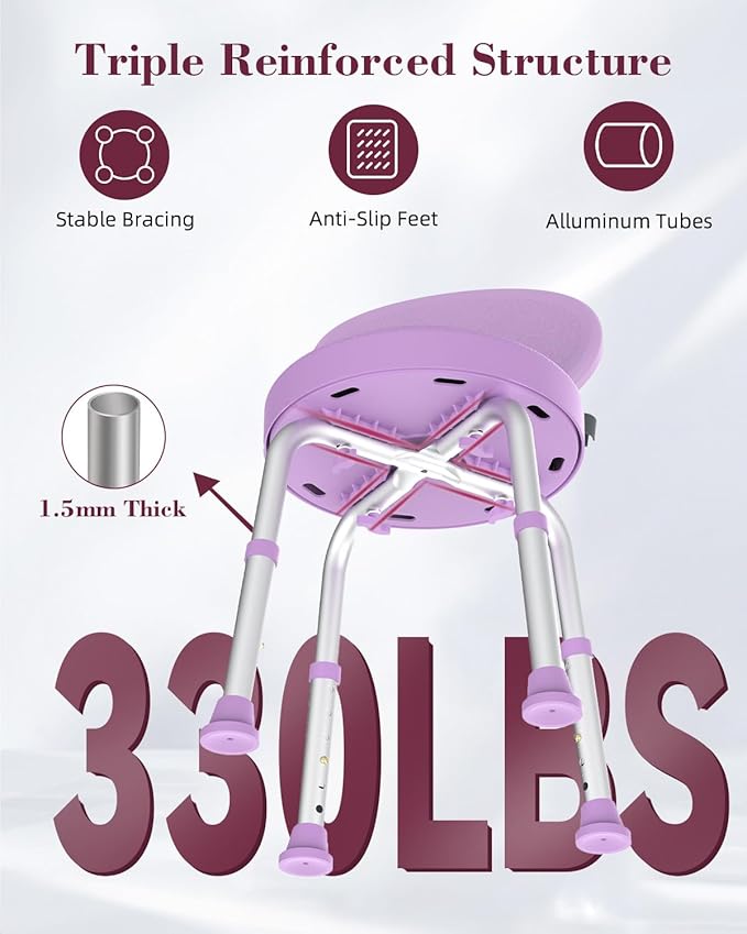 Swivel Shower Chair, 360° Non-Slip Shower Seat with Backrest for Elderly and Disabled, Height Adjustable Rotating Tub Bench for Seniors Bathroom Inside Shower with Compact Frame (Purple)