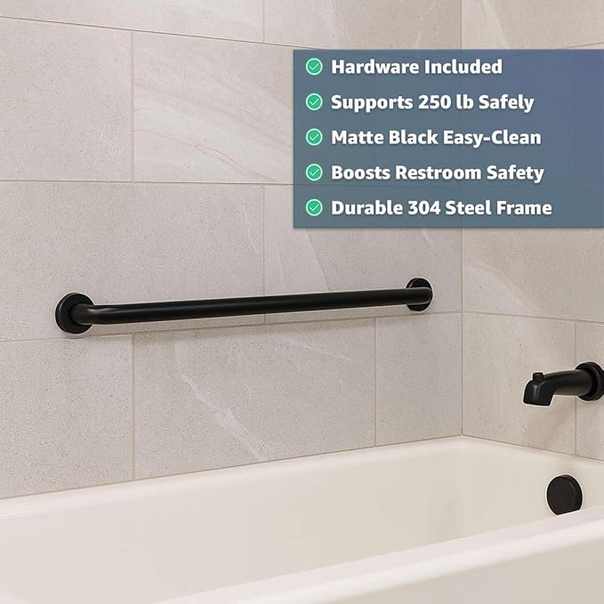 24" Matte Black Grab Bar for Bathroom, Shower, Toilet - Stainless Steel Safety Handle for Elderly - Wall Mount Restroom Support Rail - Commercial or Home Use - 250 lb Capacity