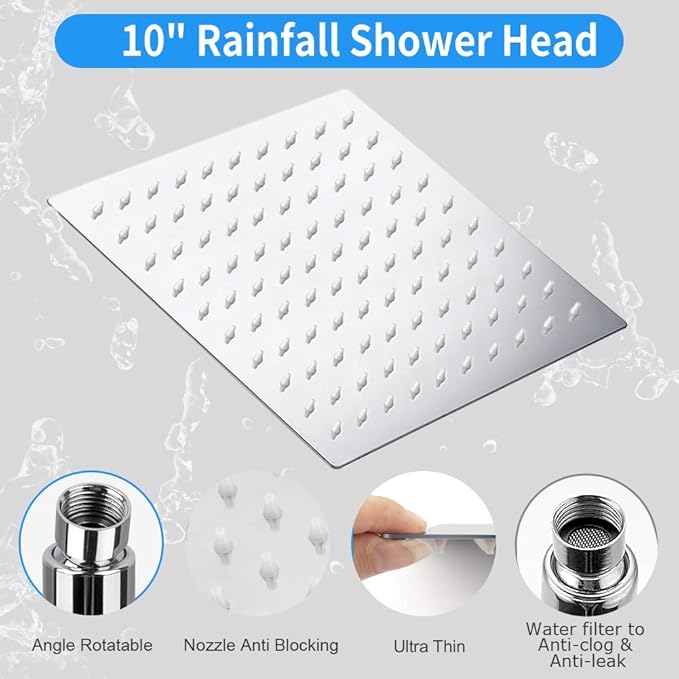 Shower Head, Kaqinu 10'' High Pressure Rainfall Shower Head/Handheld Showerhead Combo with 11” Extension Arm, Anti-leak Shower Head with Holder/Hose, Flow Regulator - Chrome