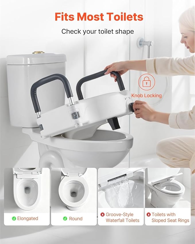 VEVOR Raised Toilet Seat with Arms, 300 lbs Load Capacity, 5-Inch Lift Height, Widened Commode Elevated Toilet Seat Riser with Padded Handles for Seniors, Elderly, Handicap, Disabled, and Adults Use