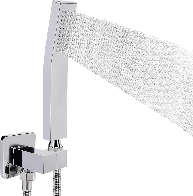 NearMoon Brass Hand Held Shower Head, Luxury High Pressure Shower Kit with Wall Connector and Hose Set, for Bathroom Showering System Contemporary Square Style (Chrome Finish)