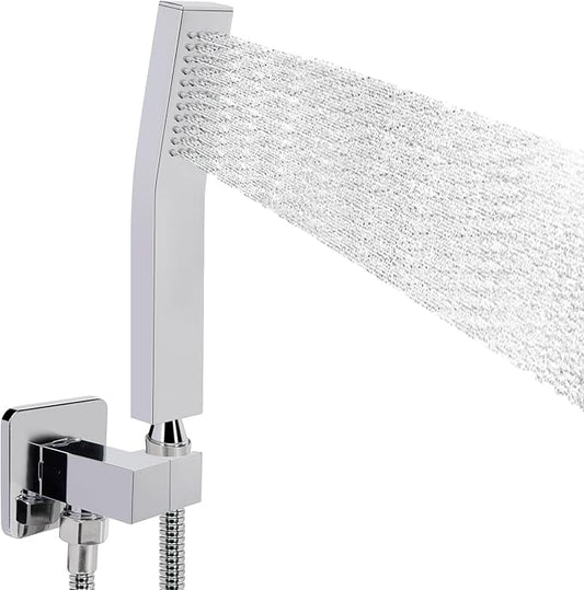 NearMoon Brass Hand Held Shower Head, Luxury High Pressure Shower Kit with Wall Connector and Hose Set, for Bathroom Showering System Contemporary Square Style (Chrome Finish)