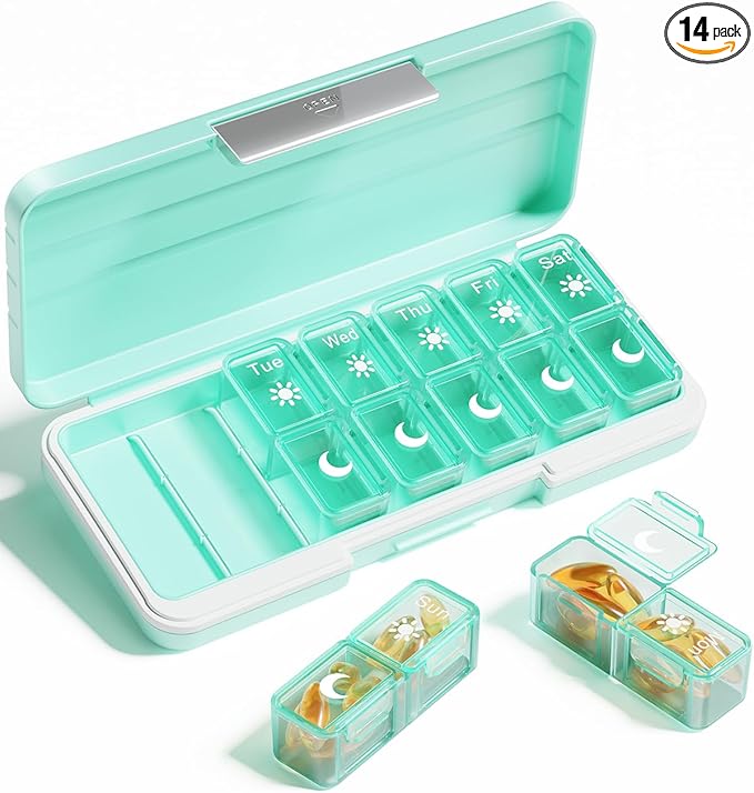 AM PM Pill Organizer 2 Times A Day, 7 Day Pill Box Weekly Pill Organizer Travel with Separate Container, Portable Daily Medicine Planner Dispenser Case for Vitamin, Fish Oils, Supplements（Green）