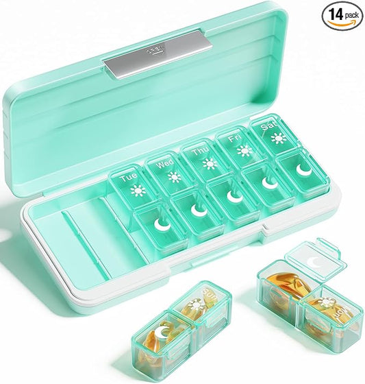 AM PM Pill Organizer 2 Times A Day, 7 Day Pill Box Weekly Pill Organizer Travel with Separate Container, Portable Daily Medicine Planner Dispenser Case for Vitamin, Fish Oils, Supplements（Green）