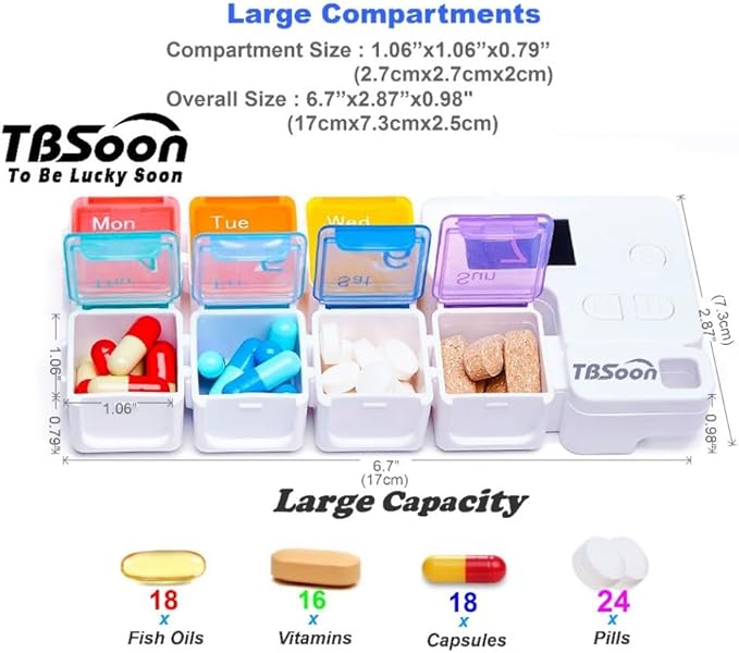 7 Day Medicine Pill Organizer, 4 Reminder Alarms, Loud Sound, 7 Large Compartments, Large Screen, Moisture-Proof, Dust-Proof, Travel Weekly/Daily Pill Box/Organizer/Case/Container/Dispenser, TBSoon