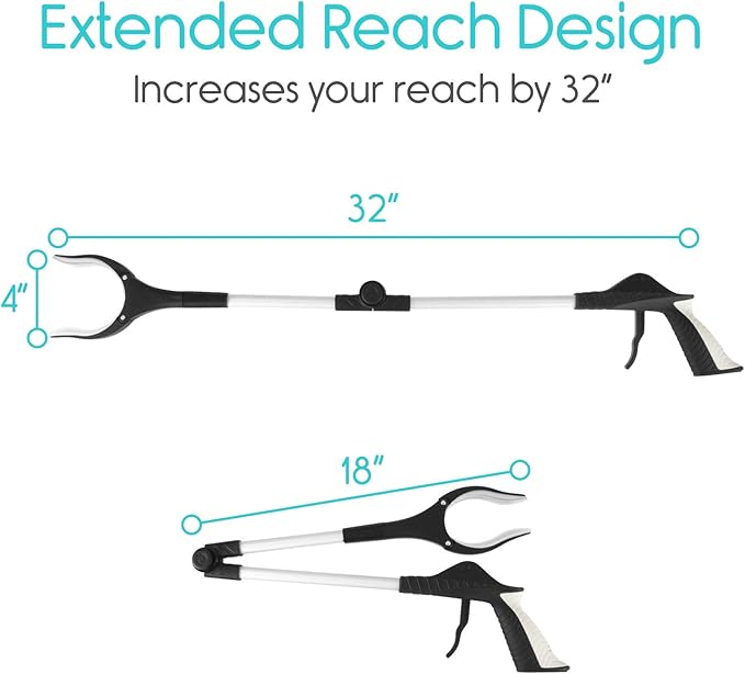 Vive 32" Grabber Reacher Tool (2 Pack) - Foldable Pickup Stick with Rotating Jaw & Sensitive Trigger - Heavy Duty Mobility Grip Hand Aid - Extra Reach Extender Claw for Seniors, Elderly, Handicap