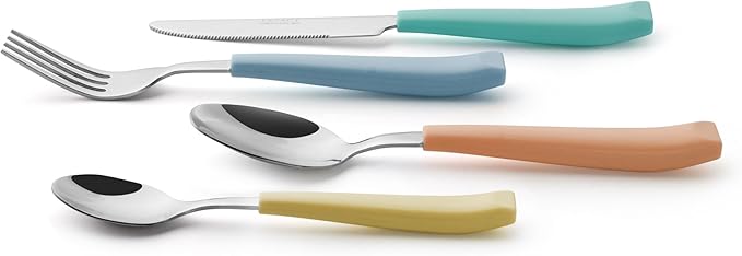 EXZACT 24-Piece Flatware Set for 6 – Mixed Colored Stainless Steel Cutlery with Wide Plastic Handles – Comfortable Tableware: Forks, Knives, Spoons, Teaspoons