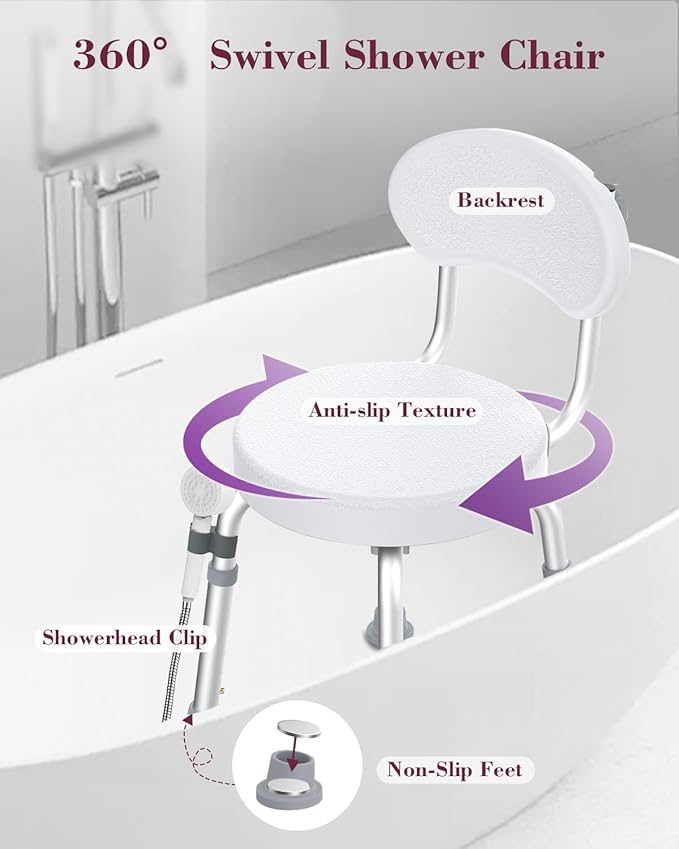 Swivel Shower Chair, 360° Non-Slip Shower Seat with Backrest for Elderly and Disabled, Height Adjustable Rotating Tub Bench for Seniors Bathroom Inside Shower with Compact Frame (White)
