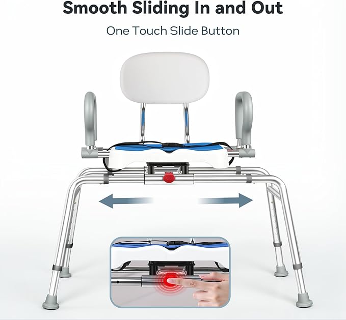 Sliding Shower Chair with Swivel Seat for Tub – 450lbs Bariatric 360° Rotating Bathtub Transfer Bench Inside Shower, Adjustable Height & Width Bath Chairs for Adults Seniors Elderly and Disabled