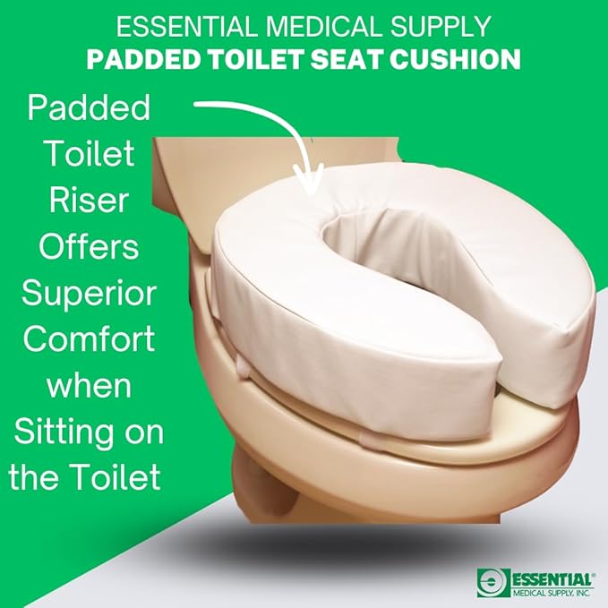 Essential Medical Supply Foam Padded Toilet Seat Cushion Riser - 4" Height, Hook and Loop Attachment for Easy Installation, Washable Vinyl Cover - Added Cushion for The Toilet with Pressure Relief
